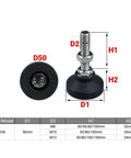 Adjustable Lathe Leg Set With 50mm Dia Threaded Beefy Leveling Feet Swivel Base Articulating Legs M8 M10 M12 dimensions