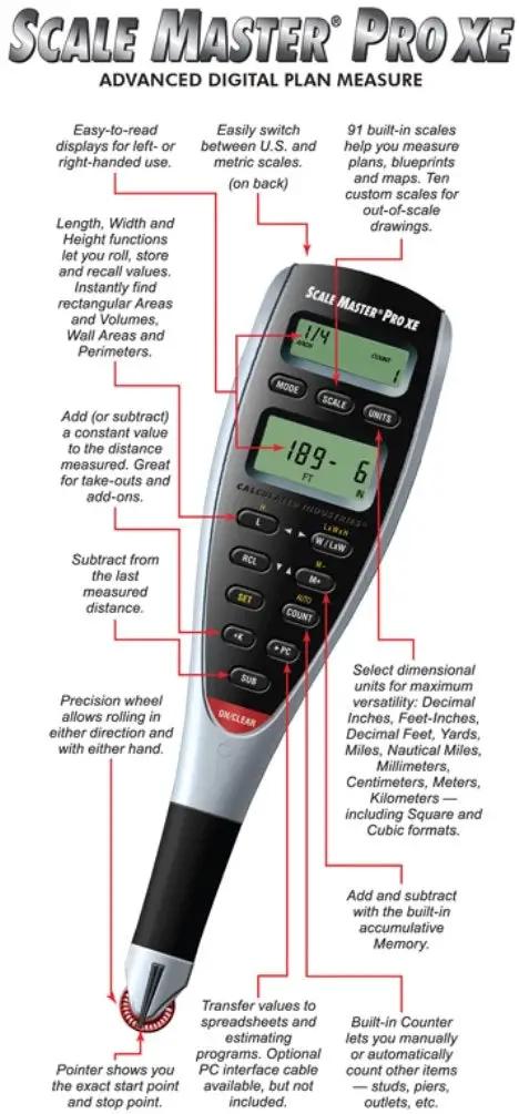 Pro Level Digital Plan Tape Measure With PC Hookup Featuring Ninety One Built In Imperial And Metric Scaling Ways Plus Custom Out Of Scale Math For No Sweat Estimating And Quick Contractor Job Site Layouts