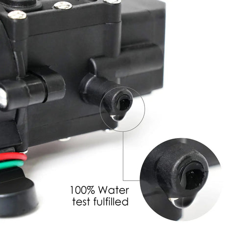 Close-up of 12 Volt Fresh Water Pump For RV Camper Boat And Lawn With Self Priming Diaphragm, water test detail, 110 PSI