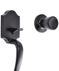 Front Door Lock Set With Tulip Knob Handleset in Matte Black Exterior Single Cylinder Lock shown with universal fit components.