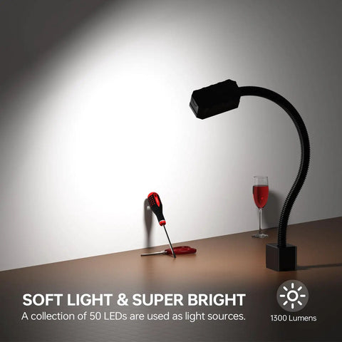 Gooseneck LED Work Light With Magnetic Base, 1300 Lumens illuminating wall, flexible arm, splash-proof, for lathe and drill press.
