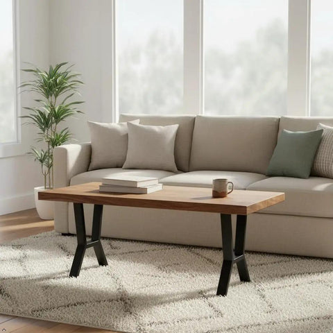 Living room with a coffee table featuring Heavy Duty 16 Inch Metal Table Legs Set Of 2 For DIY Coffee Tables, Black Steel Benchtop Legs.