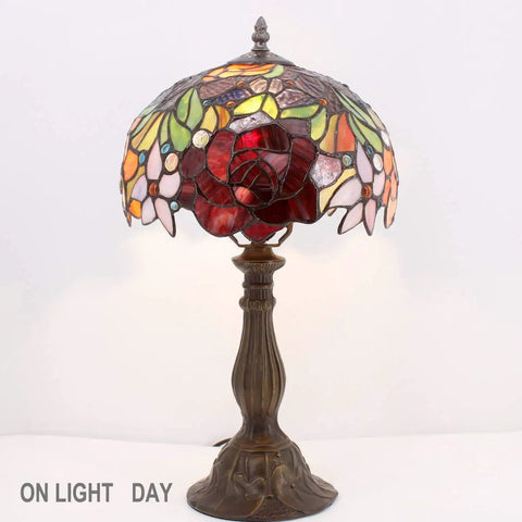 Tiffany Style Stained Glass Table Lamp With Red Rose Shade on, showing 12-inch stained glass shade and 18-inch tall base.