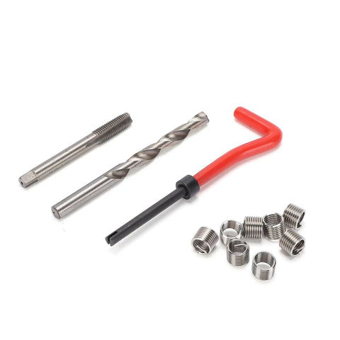 Tools from Helicoid Thread Repair Kit Pro Grade 261-Piece Set with 220 Inserts, drill bit, tap, hex wrench, and coils.