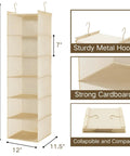 Six Tier Hanging Closet Organizer Shelf with cloth fabric and two sturdy hooks, foldable beige storage solution, 45x12x11.5 inches