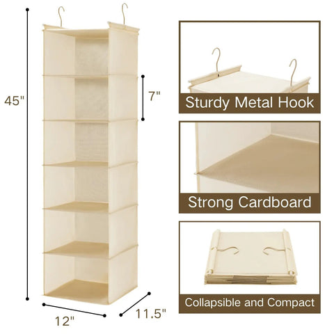 Six Tier Hanging Closet Organizer Shelf with cloth fabric and two sturdy hooks, foldable beige storage solution, 45x12x11.5 inches