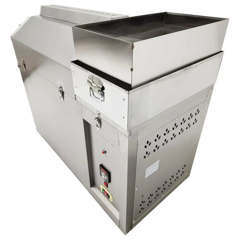 Heavy Duty Commercial Electric Coffee Roaster Machine 27.6 Lbs Capacity with silver stainless steel exterior and digital controls.
