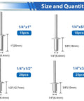 Heavy Duty Aluminum Blind Rivet Kit 75 Pcs with 1/4 Inch Pop Rivets in 3/8, 1/2, 5/8, and 1 Inch Sizes