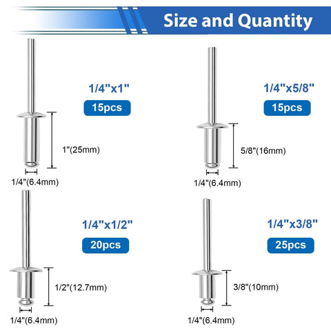 Heavy Duty Aluminum Blind Rivet Kit 75 Pcs with 1/4 Inch Pop Rivets in 3/8, 1/2, 5/8, and 1 Inch Sizes