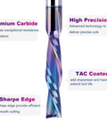 5-Piece Carbide Spiral Downcut CNC Router Bits Set With One Eighth Inch Shank And One Eighth Inch Cutting Diameter, showing TAC coating and sharp edge details.