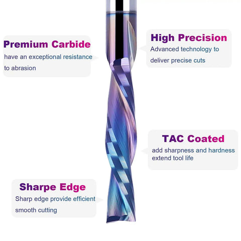 5-Piece Carbide Spiral Downcut CNC Router Bits Set With One Eighth Inch Shank And One Eighth Inch Cutting Diameter, showing TAC coating and sharp edge details.