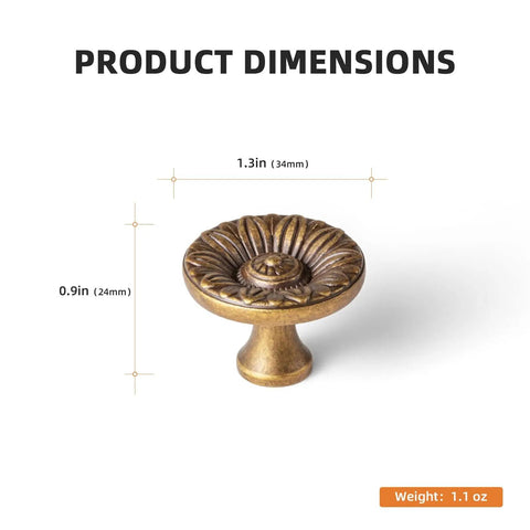 Six Pack Antique Brass Cabinet Knobs With Vintage Floral Drawer Pulls And Sunburst Design dimensions and weight
