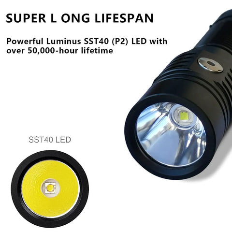 Close-up of 2000 Lumen LED Flashlight With Preinstalled Rechargeable Battery Ultra Compact High Lumen Light showing the LED bulb.