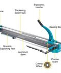 Manual tile cutter with 48-inch capacity, blue steel frame, laser guide and tungsten cutting wheel