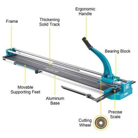 Manual tile cutter with 48-inch capacity, blue steel frame, laser guide and tungsten cutting wheel