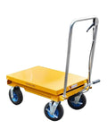 Super Smooth Operation Mobile Scissor Lift Table Featuring Foot Controlled Hydraulic Pump Ergonomic Handle Rock Solid Grip Zero Hassle Daily Grind Support Up To 1000Kg Capacity Built Tough For Workshop Hustle on wheels with yellow base.