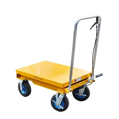 Super Smooth Operation Mobile Scissor Lift Table Featuring Foot Controlled Hydraulic Pump Ergonomic Handle Rock Solid Grip Zero Hassle Daily Grind Support Up To 1000Kg Capacity Built Tough For Workshop Hustle on wheels with yellow base.