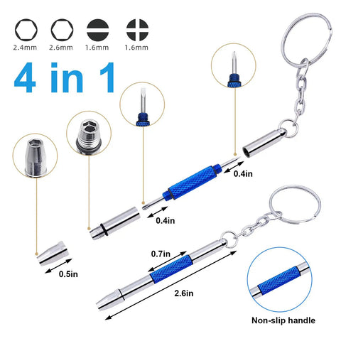 Four-in-one screwdriver parts with non-slip handle keychain, Five Color Mini Eyeglass Screwdriver Set With Non Slip Handles