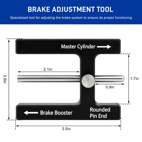 Heavy Duty Aluminum Brake Booster Adjustment Tool With Built In Magnet For Master Cylinder Push Rod Alignment front view with dimensions