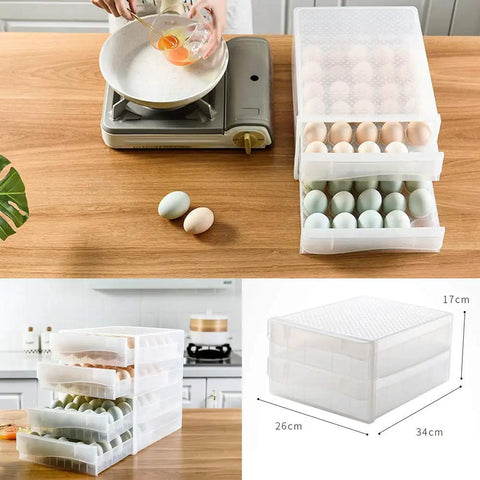 Fridge Egg Holder With 60 Grid Storage, 2 Layer Drawer Style Egg Carrier in kitchen, showing dimensions and eggs inside.