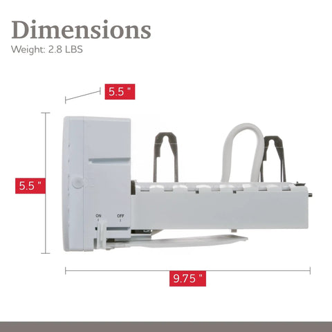 Easy Ice Maker Replacement For Refrigerators with dimensions 9.75x5.5x5.5 inches, side view with On/Off switch