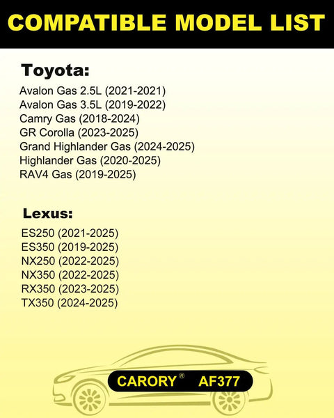 List of compatible Toyota and Lexus models for Engine Air Filter Compatible With Toyota RAV4 Camry Highlander Avalon GR Corolla Grand Highlander And Lexus ES NX RX 350 Models From 2018 Through 2025 OE 17801 25020 Replacement Beefed Up Filtration Built For Peak Performance