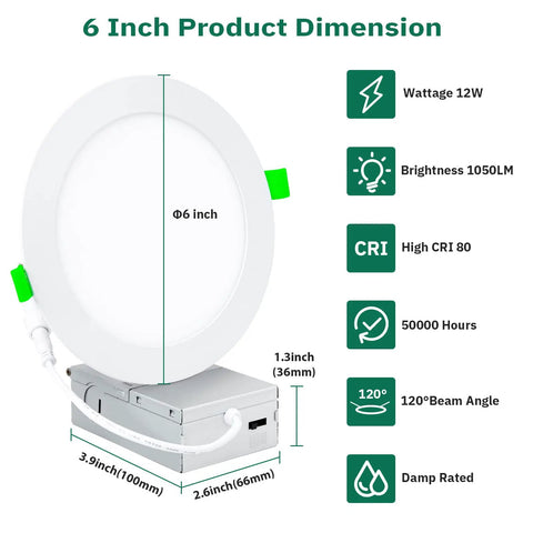 Six Inch Ultra Thin LED Recessed Ceiling Light Kit With Junction Box 5CCT Selectable dimensions and specifications diagram