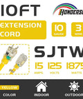 Weatherproof Indoor Outdoor Extension Cord With Lighted End UL Certified 10 Gauge 10Ft Yellow 3 Prong Heavy Duty SJTW 15A