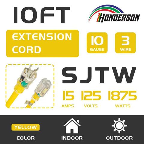 Weatherproof Indoor Outdoor Extension Cord With Lighted End UL Certified 10 Gauge 10Ft Yellow 3 Prong Heavy Duty SJTW 15A