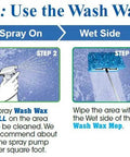 Steps to use the Waterless Wash Wax Mop Kit; spray, apply, wipe with wet side, switch to dry side.