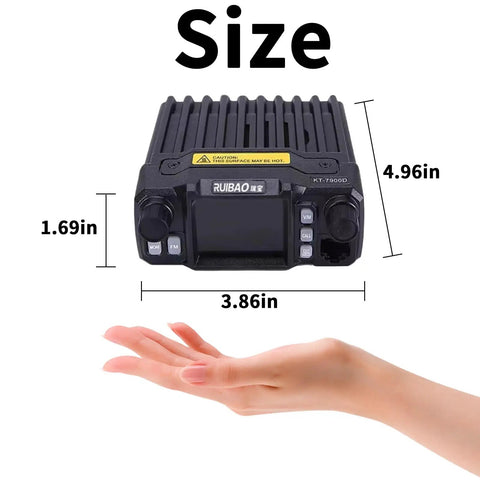 High Power Quad Band Mobile Ham Radio 25W VHF 136-174MHz And 20W UHF 400-480MHz with size comparison in hand