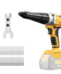 Powerhouse Cordless Brushless Rivet Gun Plays Nicely With Dewalt 20V Batteries Bare Tool, rivets, and wrench on white background.
