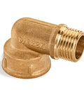 Brass forged pipe elbow fitting, side view, 1/2 in male to 3/4 in female, 90-degree street elbow