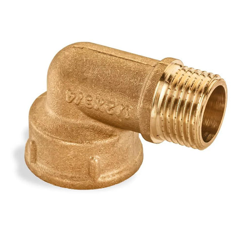 Brass forged pipe elbow fitting, side view, 1/2 in male to 3/4 in female, 90-degree street elbow