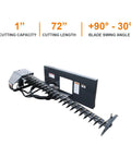 Beast Mode Sickle Bar Mower For Skid Steer Loaders With 72 Inch Cutting Length And 0.8 Inch Cutting Capacity, side view with specs.