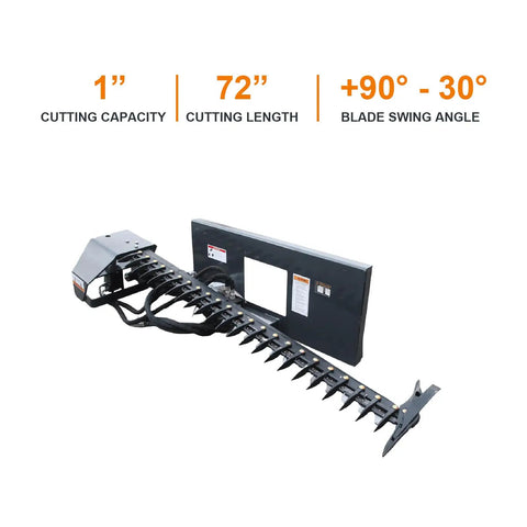 Beast Mode Sickle Bar Mower For Skid Steer Loaders With 72 Inch Cutting Length And 0.8 Inch Cutting Capacity, side view with specs.