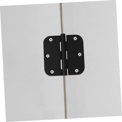 Black iron rounded-corner door hinge mounted on a white door; two-leaf design with exposed screws