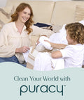 Mother and child doing laundry on couch, promoting Travel and Laundry Stain Remover for Clothes and Baby Gear Unscented