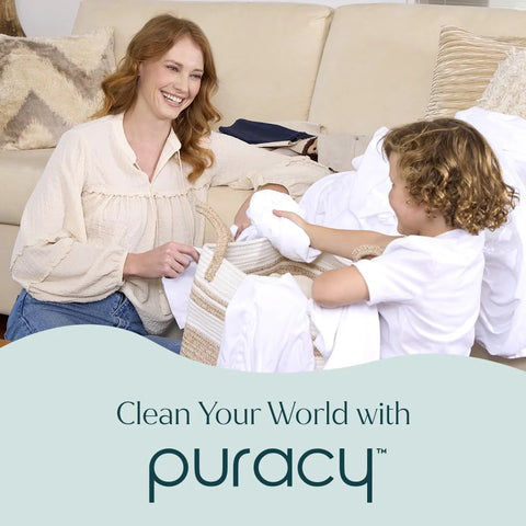 Mother and child doing laundry on couch, promoting Travel and Laundry Stain Remover for Clothes and Baby Gear Unscented