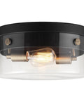 Ella 1-Light Flush Mount Ceiling Light in matte black with chrome accents and clear glass shade, vintage-inspired fixture