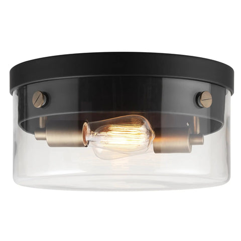 Ella 1-Light Flush Mount Ceiling Light in matte black with chrome accents and clear glass shade, vintage-inspired fixture
