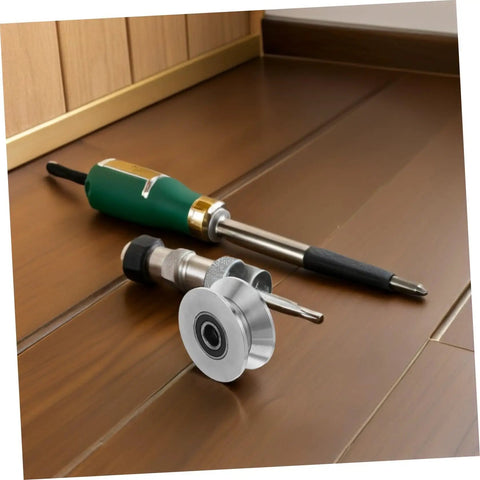 Heavy Duty Stainless Steel U Groove Sliding Door Roller Pulley With Ball Bearings on a wooden surface with tools.