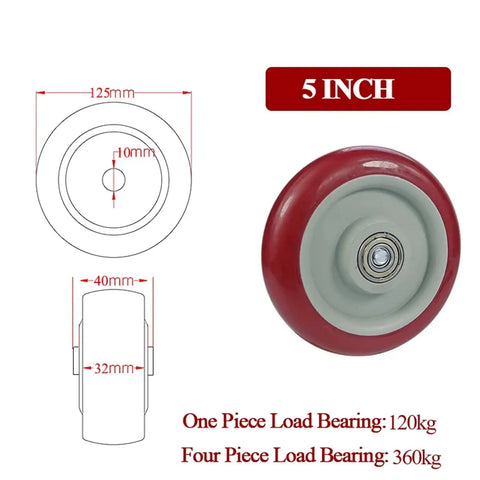 Heavy Duty 4 Pc Wheel Casters Lot With Solid Pvc Treads For Furniture Hauling Industrial Machinery Moving And Heavy Transport Gear 5 inch red caster wheel design.