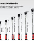 Extendable 1/2 Inch Drive Locking Ratchet Wrench with flexible 180 degree head in various lengths from 13.8 to 19.3 inches