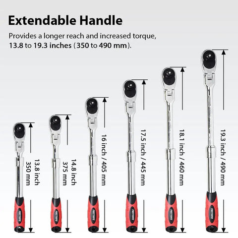 Extendable 1/2 Inch Drive Locking Ratchet Wrench with flexible 180 degree head in various lengths from 13.8 to 19.3 inches