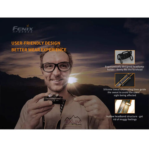 Man holding HM65R Dual Beam Headlamp With USB C Rechargeable 1400 Lumen Output against sunset backdrop, feature highlights shown.