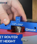 Hand adjusting router bit height with Pro Grade Woodworking Setup Blocks Kit with 0.001 inch accuracy on red router table.