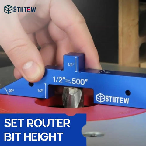 Hand adjusting router bit height with Pro Grade Woodworking Setup Blocks Kit with 0.001 inch accuracy on red router table.