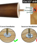 Installation guide for Mid Century Modern Solid Wood Furniture Legs Walnut Finish showing correct and incorrect mounting.