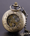 Dope Vintage Mechanical Steampunk Skeleton Pocket Watch with carved pattern and visible gears on black background